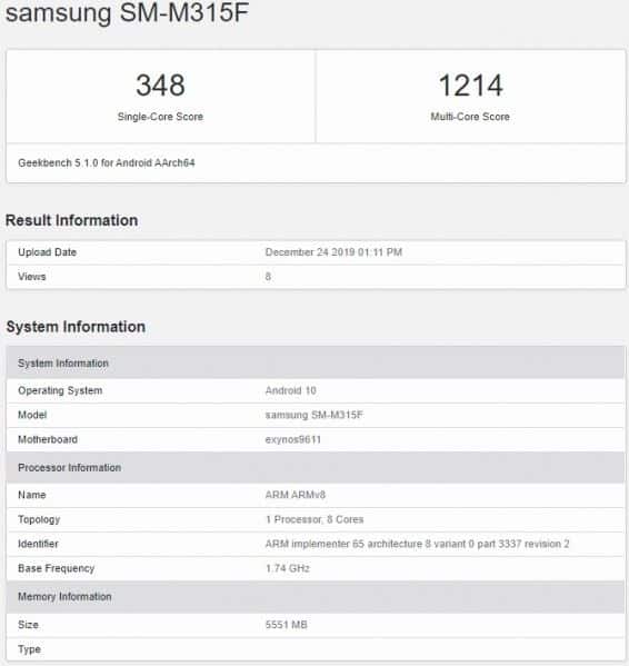 Samsung Galaxy M31 Geekbench