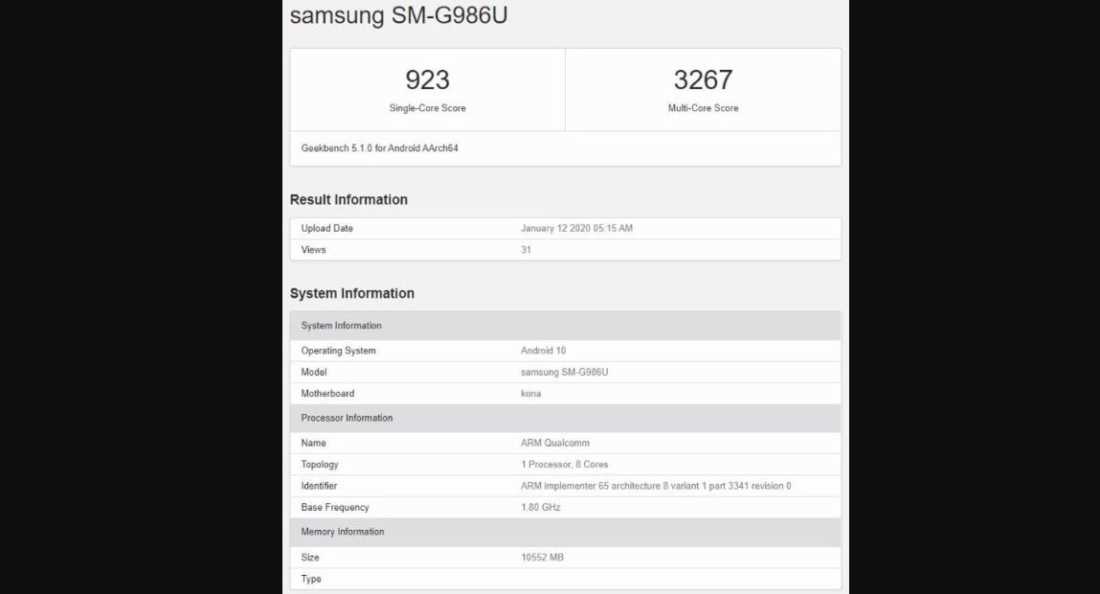Tangkap layar Galaxy S20 5G di Geekbench