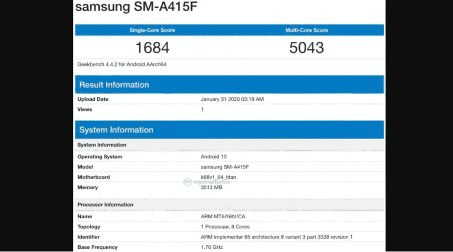 tangkap layar Geekbench Samsung Galaxy A41