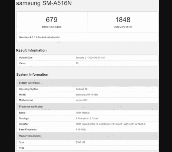 Tangkap layar Galaxy A51 5G dalam Daftar Geekbench