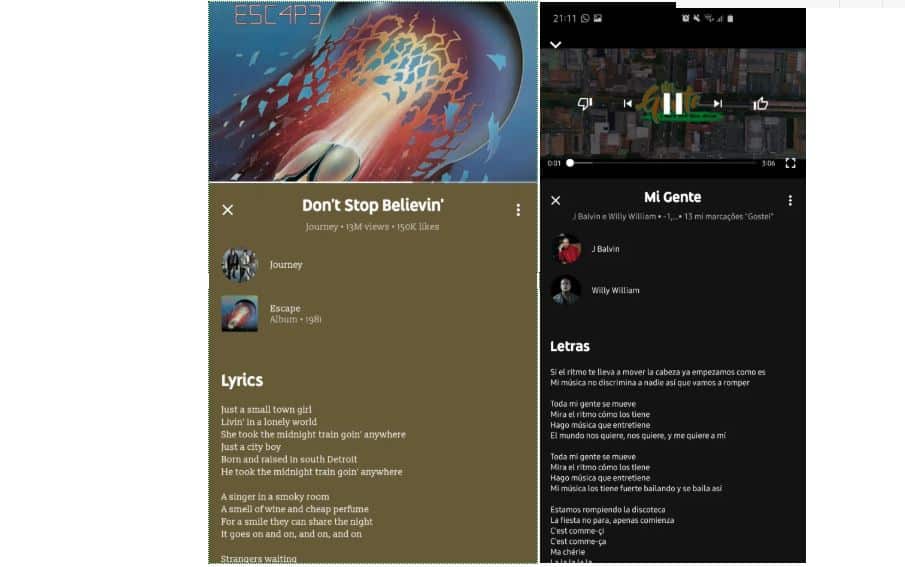 Tangkap layar fitur lirik di Youtube Music