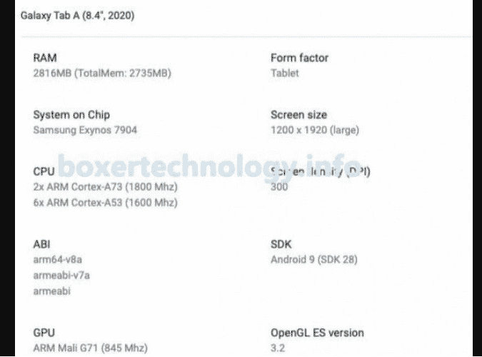 Spesifikasi Samsung Galaxy Tab 8.4 2020 di Play Console