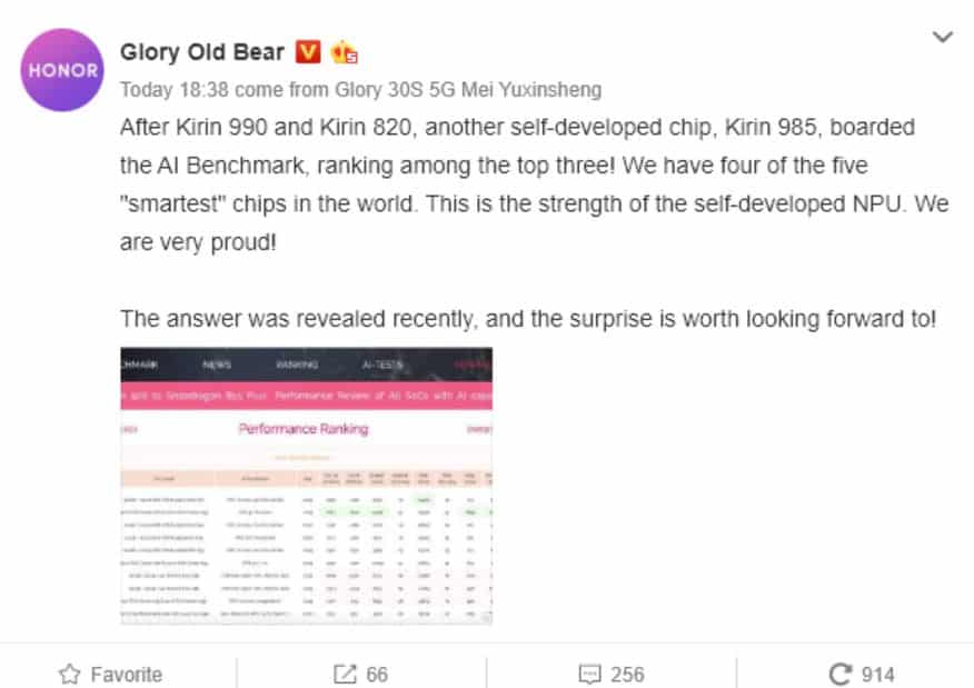 Honor Konfirmasi SoC Kirin 985 Masuk Peringkat Tiga benchmark AI