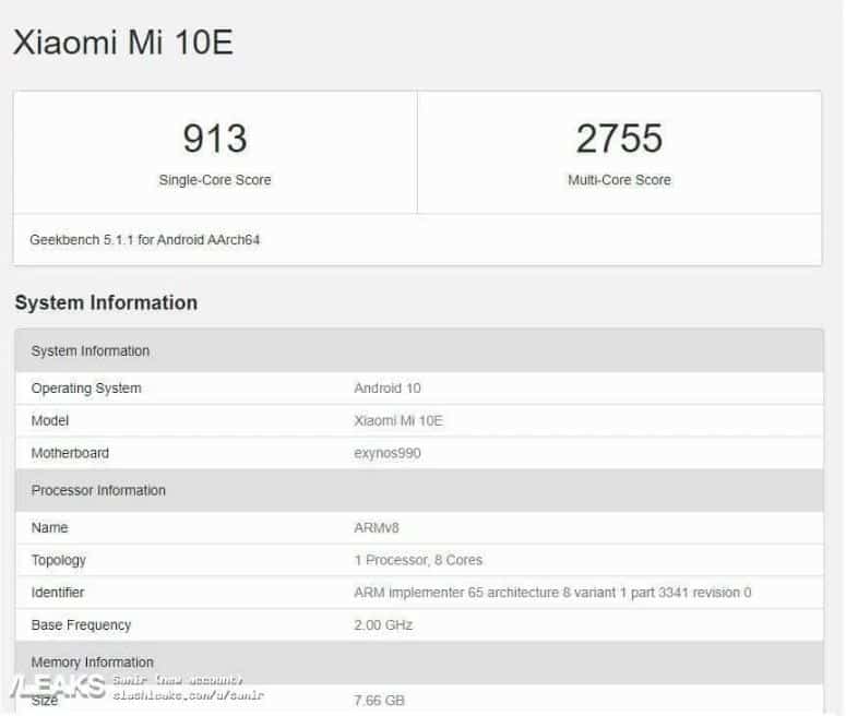 Geekbench Xiaomi MI 10E