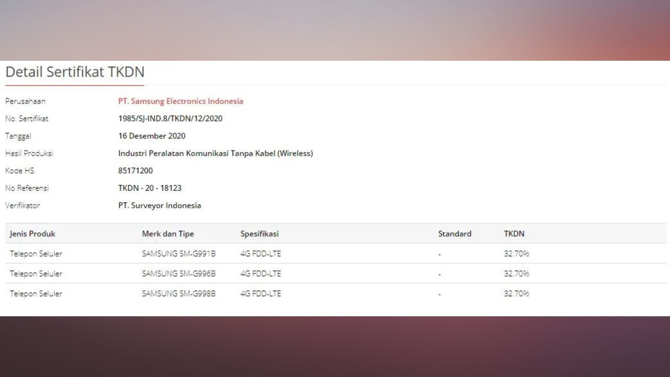 Sertifikasi TDKN Samsung galaxy S21