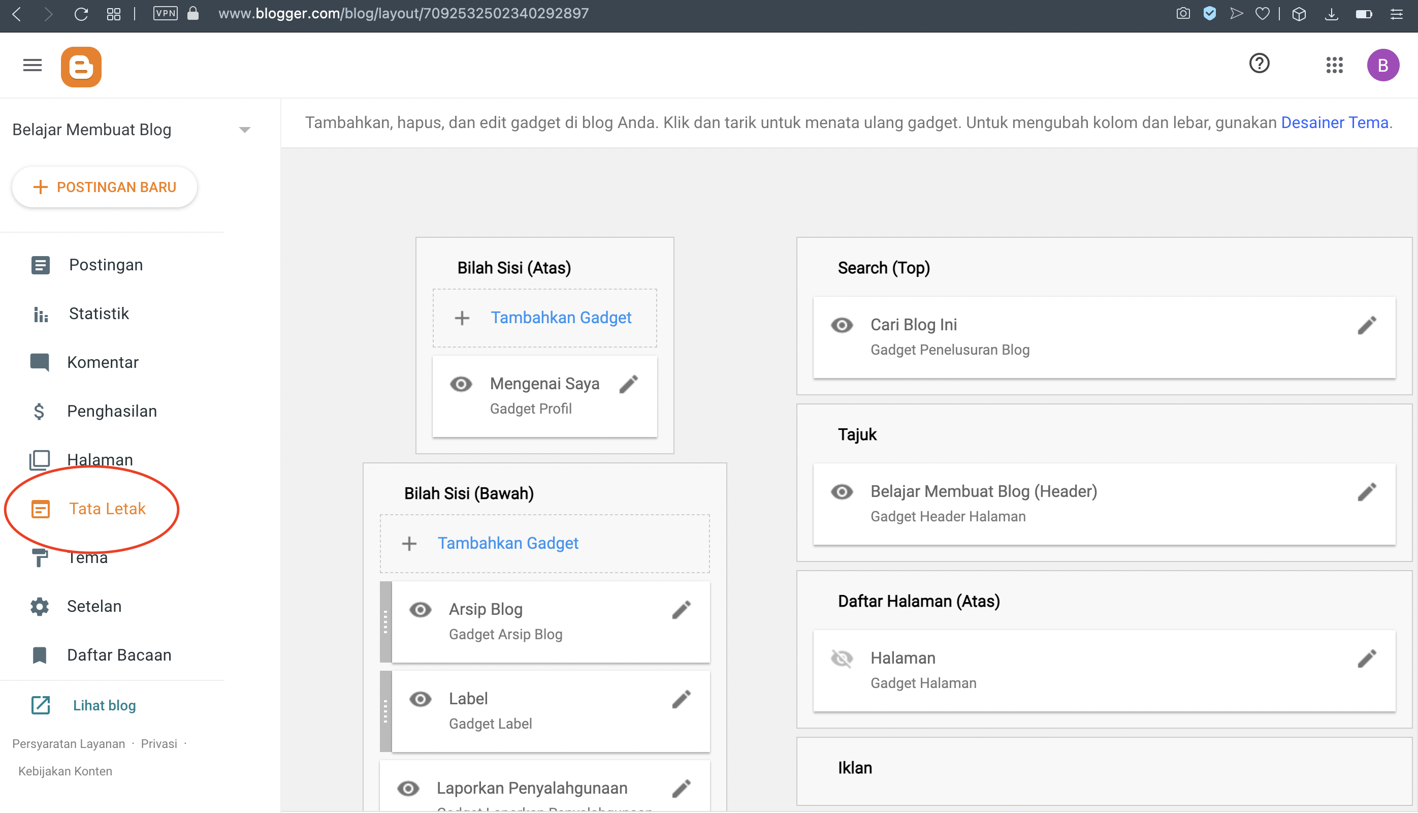 Cara atur tata letak blogger