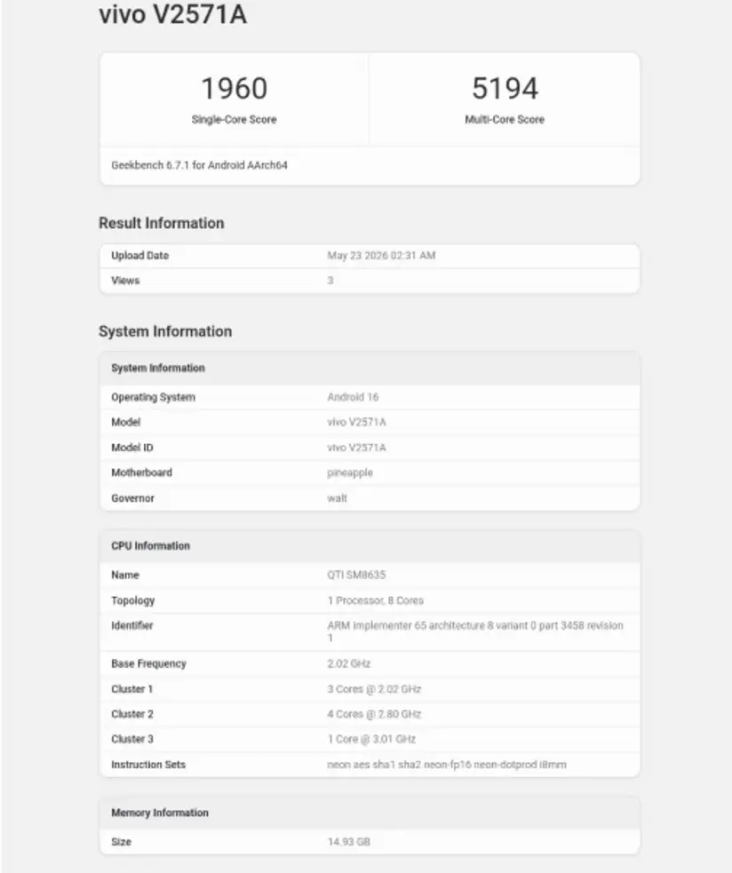 Vivo S60 Geekbench: Chipset Sama, Android 16, RAM 16GB