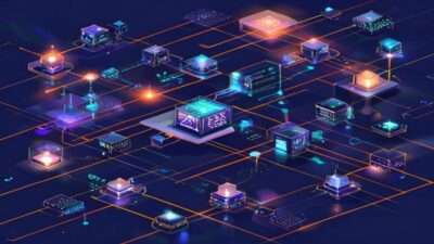 Ilustrasi edge computing jaringan terdistribusi - edge computing adalah - karya ilustrasi AI