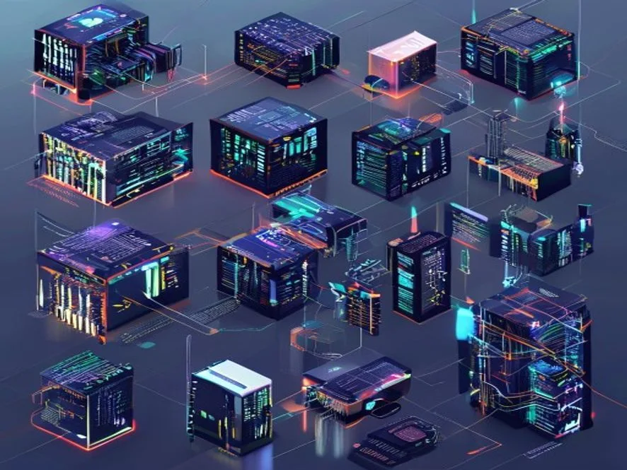 Ilustrasi tujuh komponen utama infrastruktur digital - infrastruktur digital adalah - karya ilustrasi AI