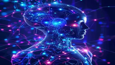 Ilustrasi sistem AI agent futuristik dengan jaringan neural - Agentic AI - karya ilustrasi AI
