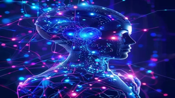 Ilustrasi sistem AI agent futuristik dengan jaringan neural - Agentic AI - karya ilustrasi AI