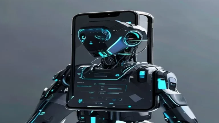 Ilustrasi smartphone AI agent futuristik mengerjakan tugas otomatis - karya ilustrasi AI