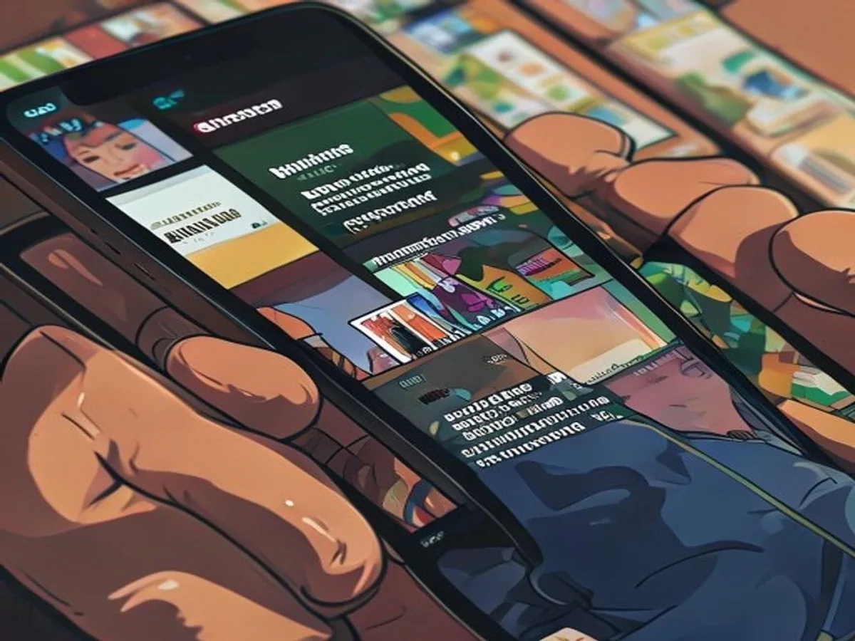 Ilustrasi perbandingan aplikasi baca manga legal Webtoon Manga Plus dan Crunchyroll - karya ilustrasi AI