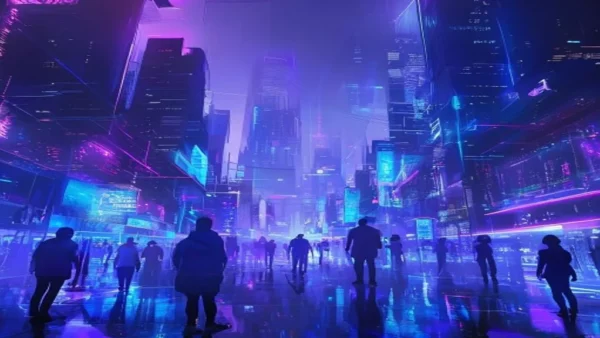 Ilustrasi metaverse dengan dunia virtual futuristik - metaverse adalah - karya ilustrasi AI