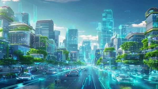 Ilustrasi smart city Indonesia kota pintar futuristik - smart city indonesia - karya ilustrasi AI