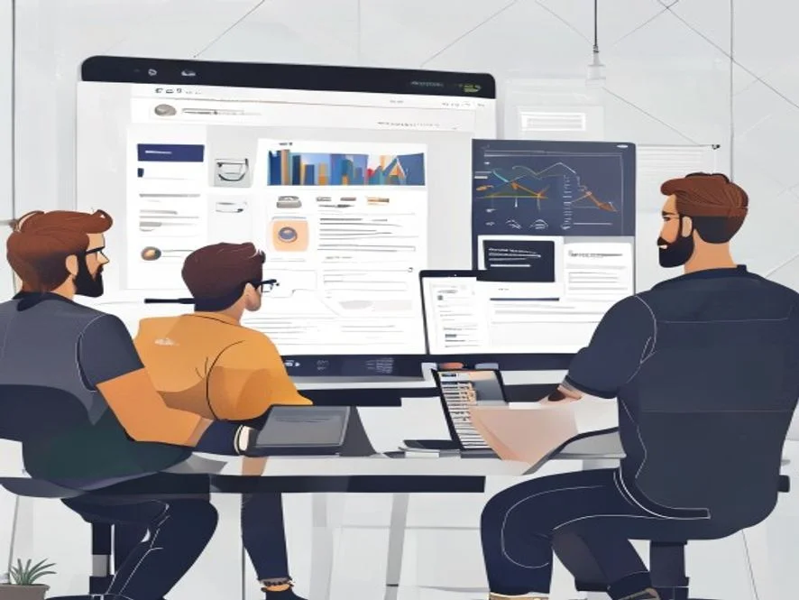 Ilustrasi desainer UX dan engineer berkolaborasi dalam desain AI yang inklusif - karya ilustrasi AI