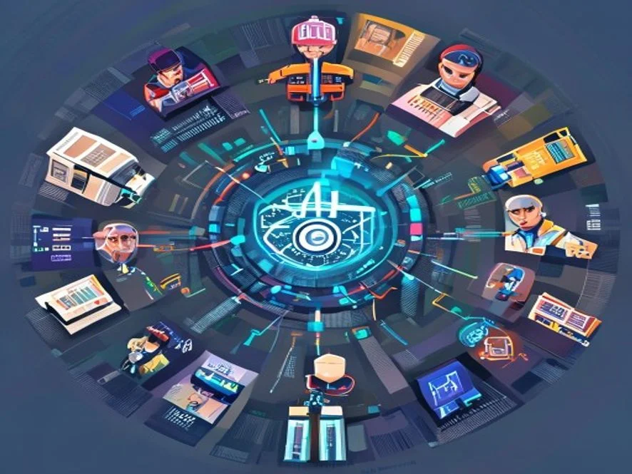 Ilustrasi tujuh industri penerapan AI yang berpusat pada manusia - karya ilustrasi AI