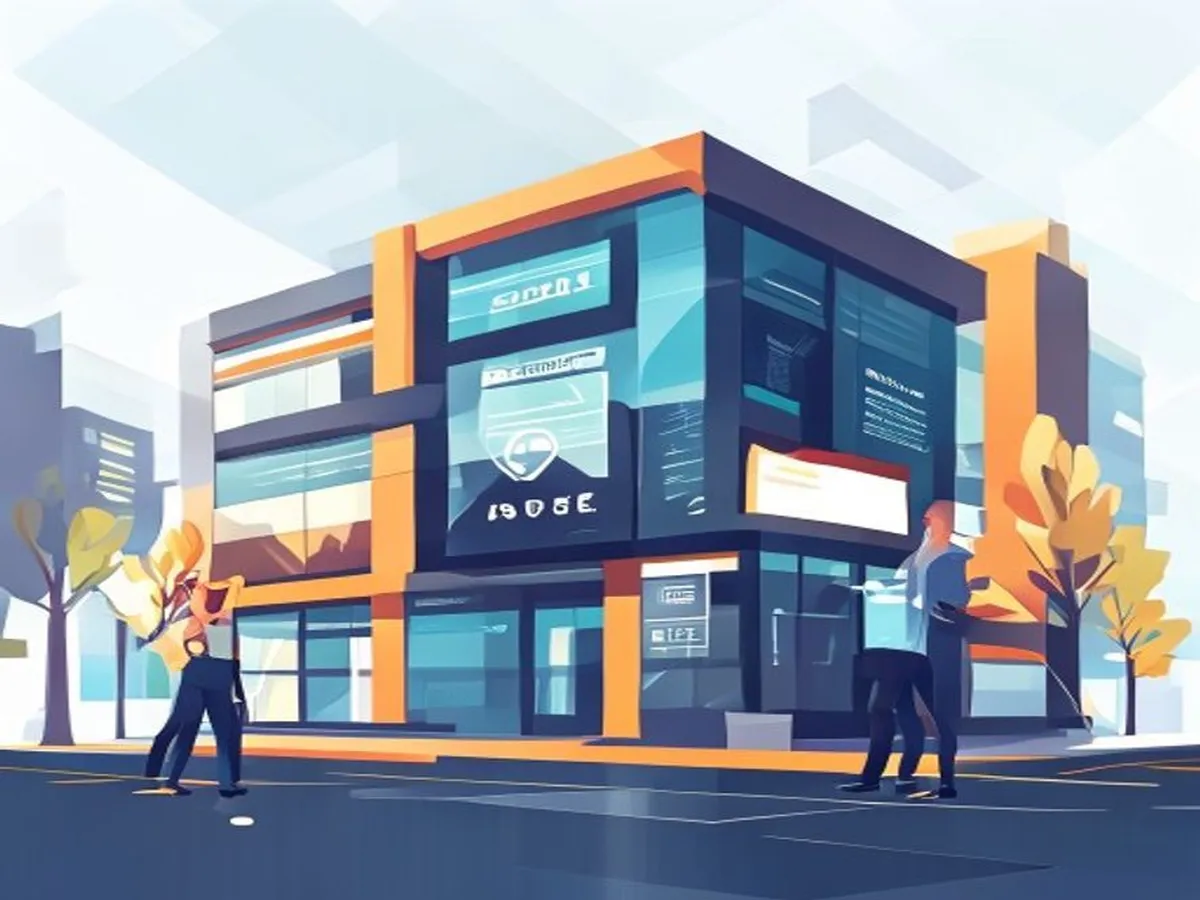 Ilustrasi perusahaan payment gateway global dengan gedung perkantoran modern dan teknologi transaksi keuangan - pmmax technology limited apakah pinjol - karya ilustrasi AI
