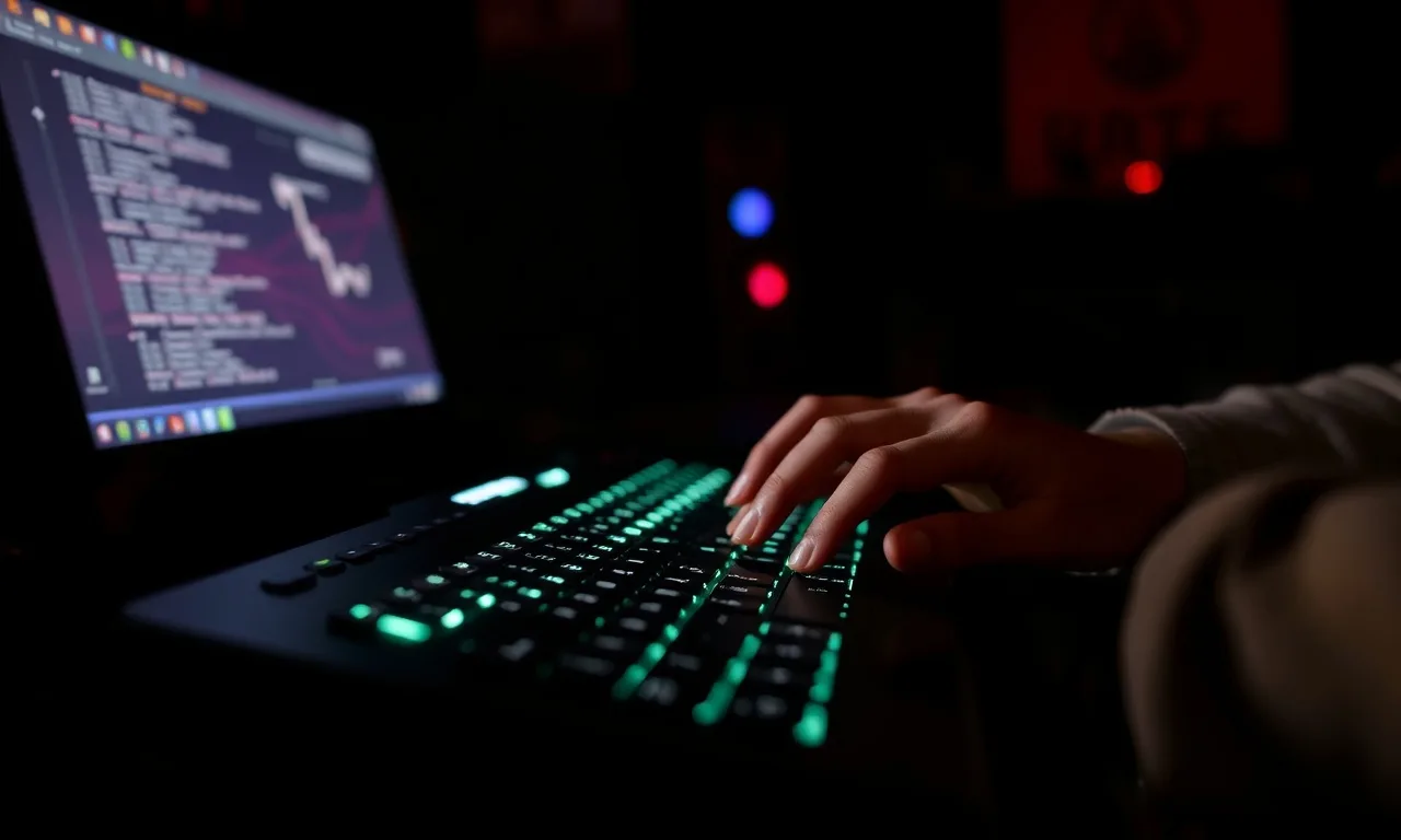 Ilustrasi developer mengetik di ruangan gelap - AI coding assistant disusupi - karya ilustrasi AI