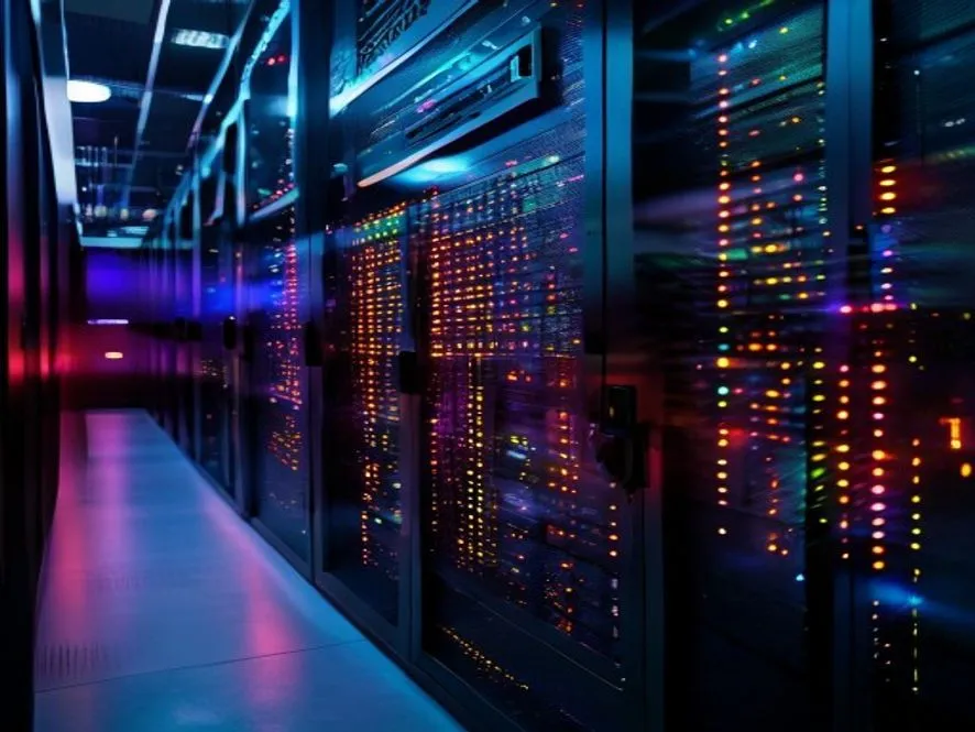 Ilustrasi firewall adalah - rak server dengan indikator LED di lingkungan data center profesional - firewall adalah - karya ilustrasi AI
