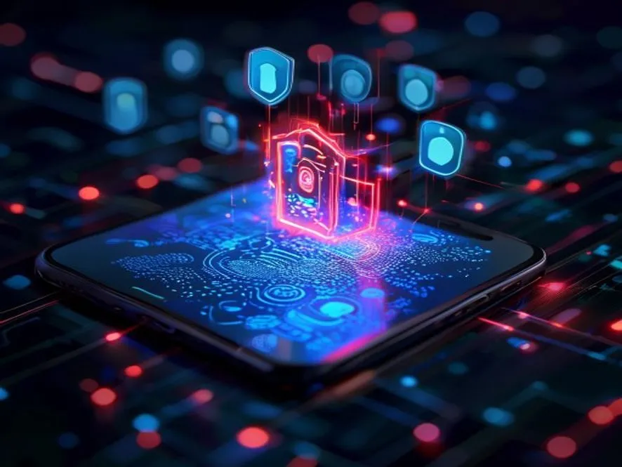 Ilustrasi digital identity adalah - perisai keamanan melindungi ikon data pribadi di sekitar smartphone - digital identity adalah - karya ilustrasi AI