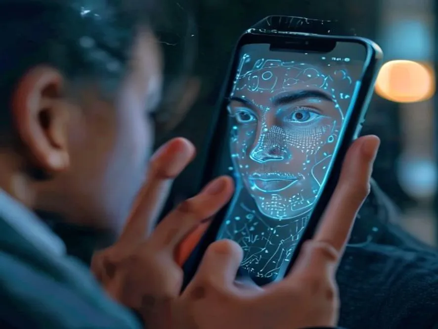 Ilustrasi digital identity adalah - seseorang melakukan verifikasi identitas dengan pemindaian wajah biometrik di smartphone - digital identity adalah - karya ilustrasi AI