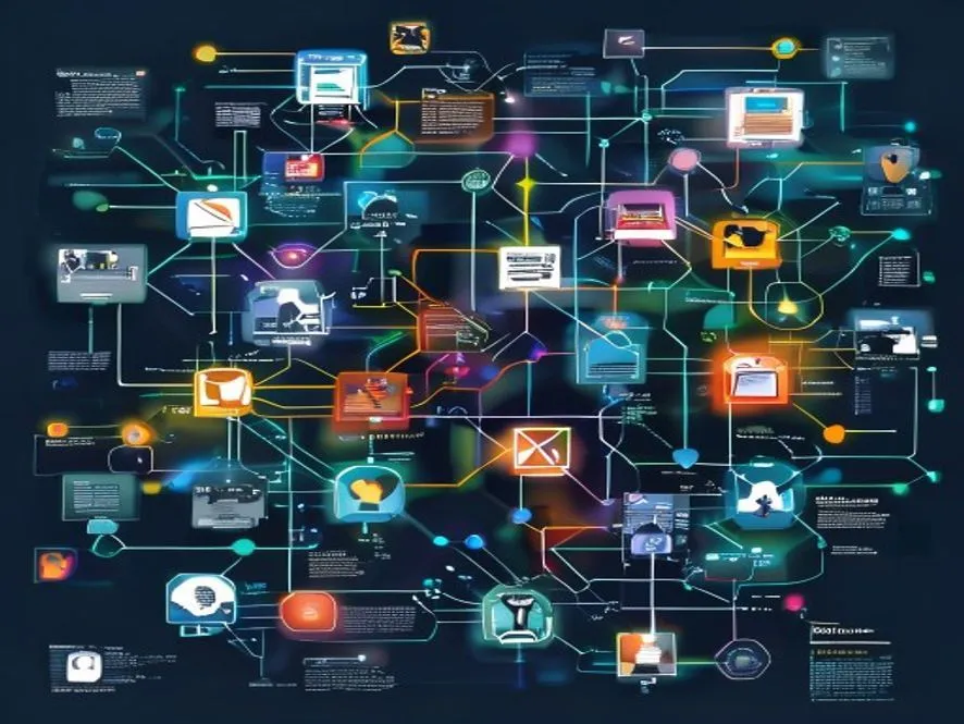 Ilustrasi digital identity adalah - ekosistem identitas digital Indonesia diagram jaringan IKD menghubungkan berbagai layanan pemerintah - digital identity adalah - karya ilustrasi AI