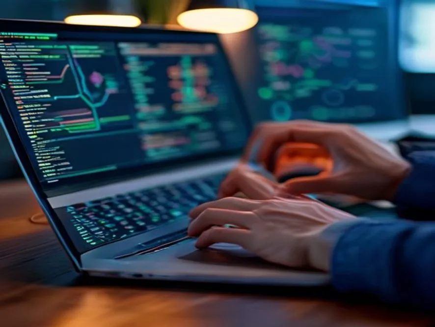 Ilustrasi firewall adalah - tangan mengonfigurasi dashboard keamanan jaringan di laptop - firewall adalah - karya ilustrasi AI