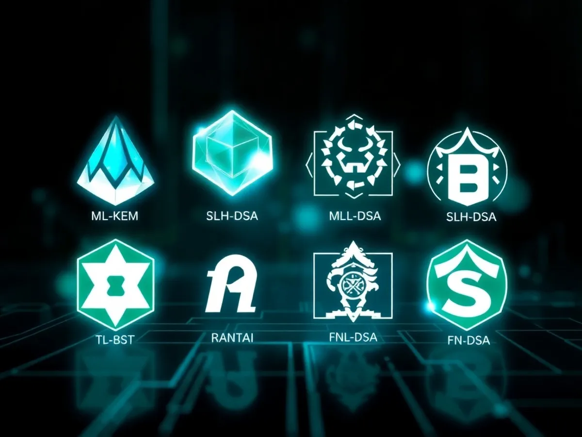 Ilustrasi algoritma PQC standar NIST 2024 - ML-KEM ML-DSA SLH-DSA FN-DSA - Kriptografi Kuantum - karya ilustrasi AI