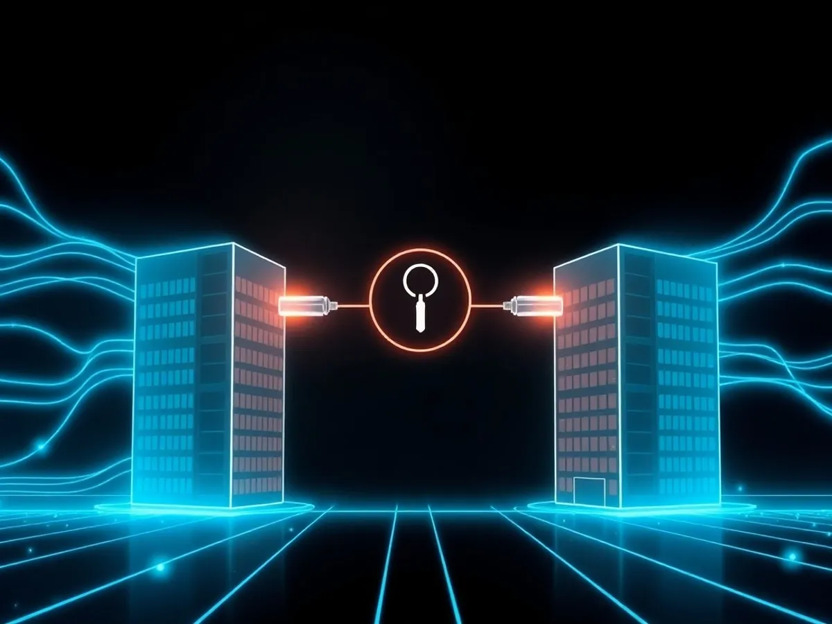 Ilustrasi Quantum Key Distribution QKD - distribusi kunci enkripsi kuantum - Kriptografi Kuantum - karya ilustrasi AI