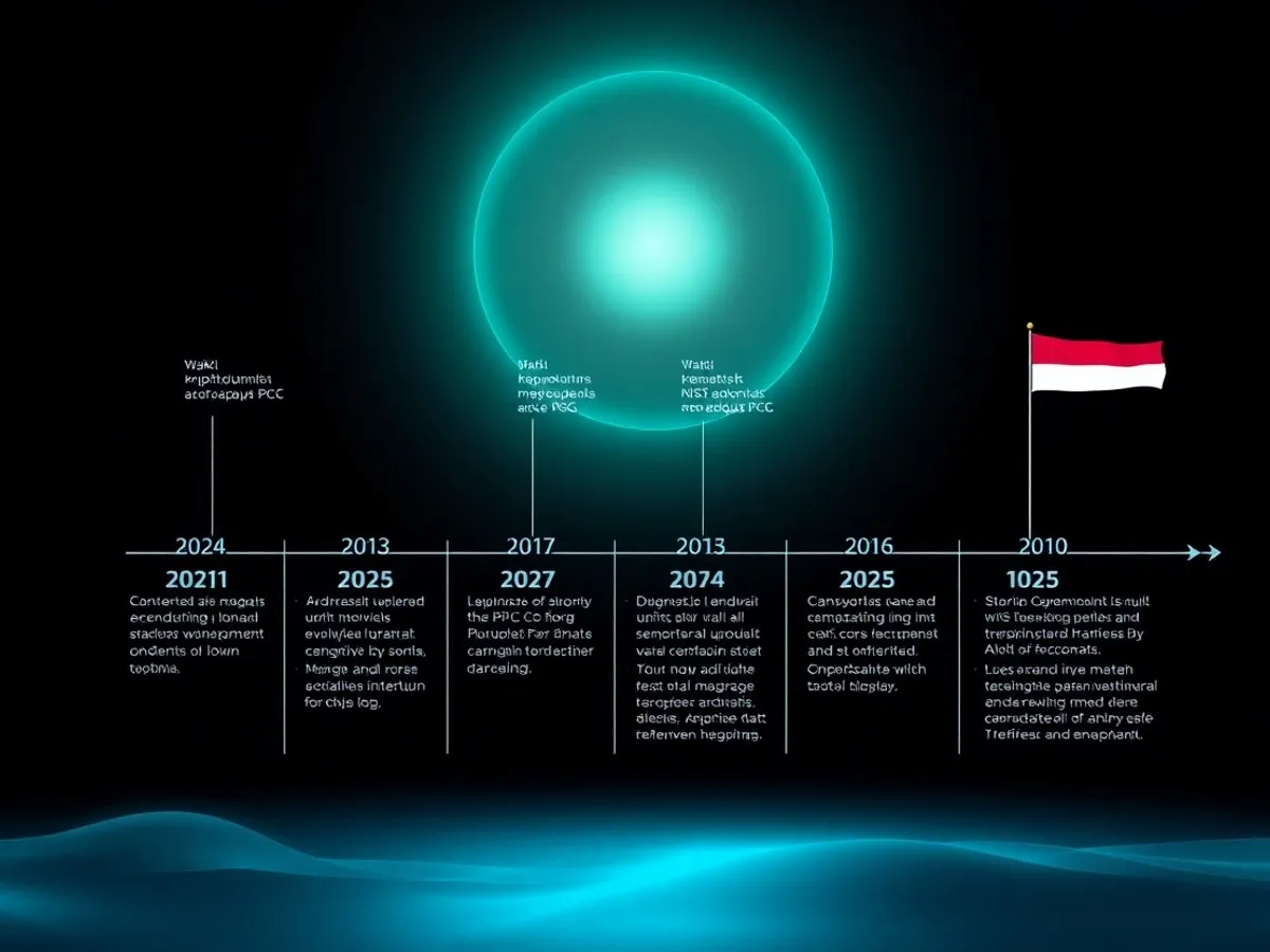 Ilustrasi timeline migrasi Kriptografi Kuantum - 2024 2026 2028 2030 menuju era post-quantum - Kriptografi Kuantum - karya ilustrasi AI