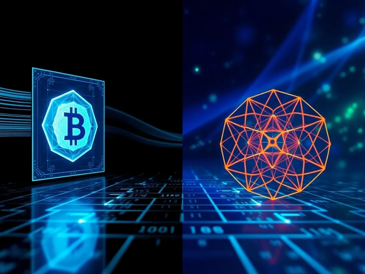 Ilustrasi perbandingan Kriptografi Kuantum vs Post-Quantum Cryptography - perbedaan fisika kuantum vs matematika - Kriptografi Kuantum - karya ilustrasi AI
