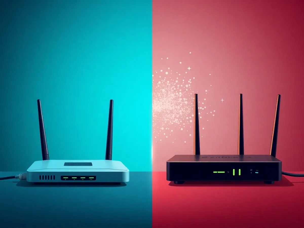 Ilustrasi perbandingan Quantum Internet vs internet biasa - perbedaan jaringan kuantum dan klasik - Quantum Internet - karya ilustrasi AI