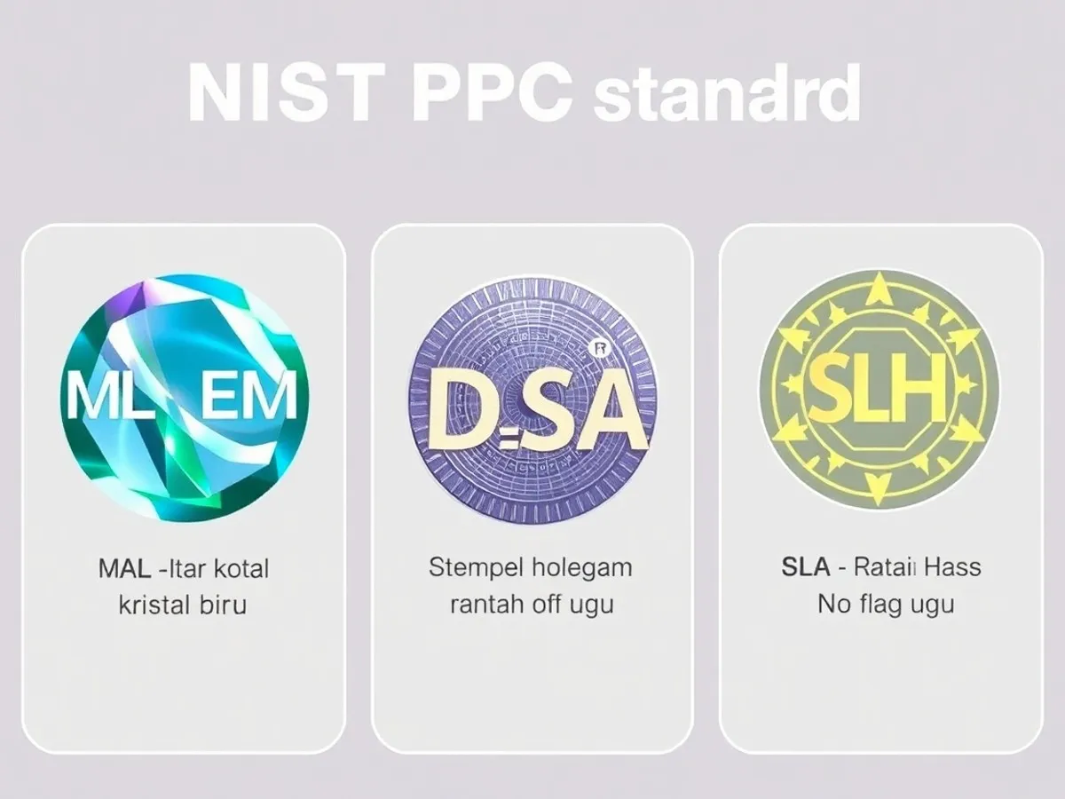 Ilustrasi standar NIST 2024 PQC - ML-KEM ML-DSA SLH-DSA untuk jaringan quantum-safe - Quantum Safe Network - karya ilustrasi AI
