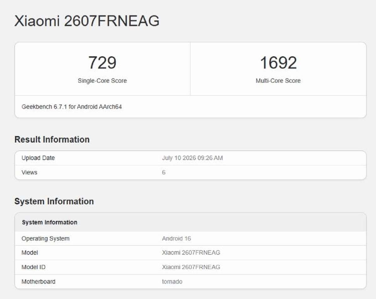 Redmi 17C 5G Geekbench - sumber dari Gizmochina