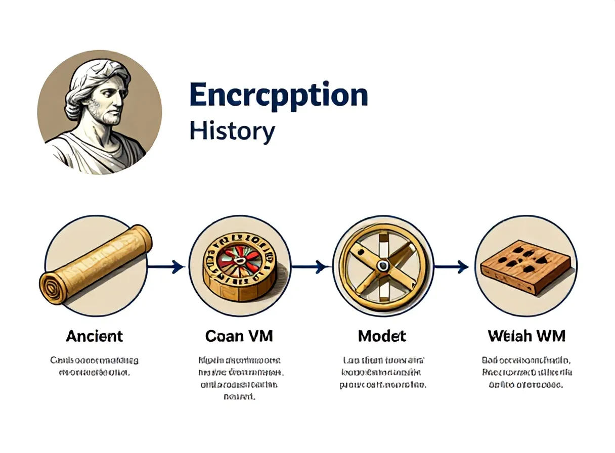Ilustrasi sejarah enkripsi dari Caesar Cipher hingga Quantum Cryptography - enkripsi data adalah - karya ilustrasi AI