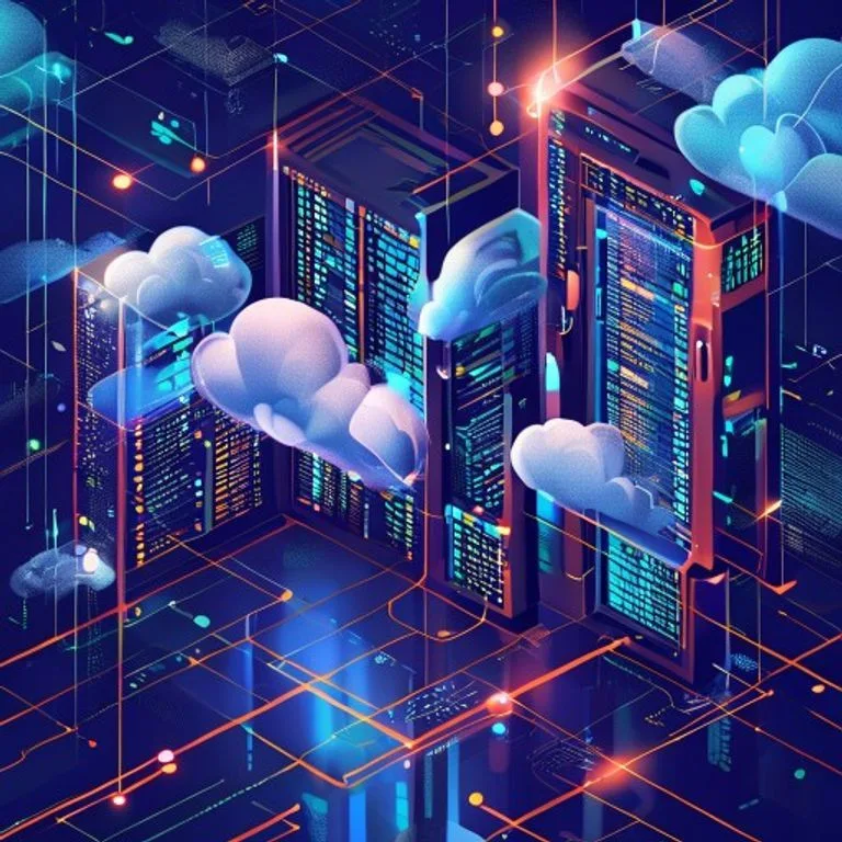 Ilustrasi Server dalam Ekosistem Cloud Computing - server adalah - karya ilustrasi AI
