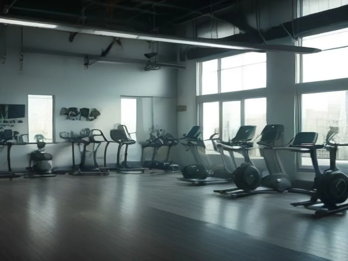 Ilustrasi interior gym modern kosong pagi hari - AI agent hack gym booking system - karya ilustrasi AI
