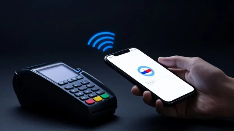 Ilustrasi smartphone didekatkan ke terminal pembayaran contactless dengan gelombang sinyal NFC dicegat - malware android nfc relay - karya ilustrasi AI