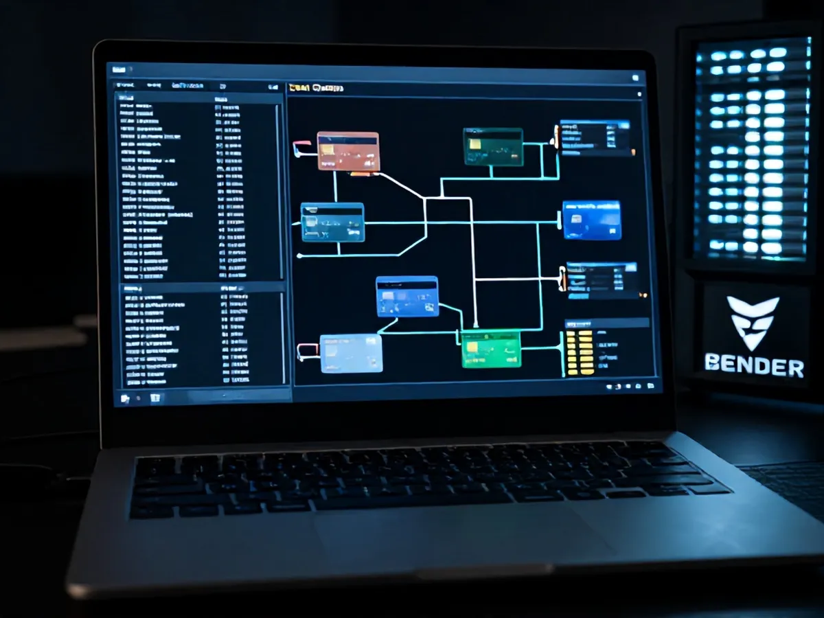 Ilustrasi layar laptop menampilkan data kartu kredit dan EMV yang mengalir ke server penyerang - malware android pencurian kartu kredit - karya ilustrasi AI