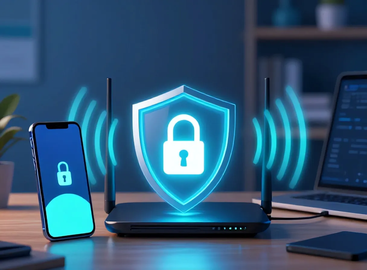 Ilustrasi mengamankan jaringan wifi dan perangkat pribadi - cara meningkatkan keamanan data pribadi online - karya ilustrasi AI