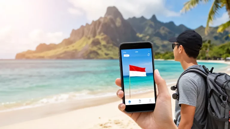 Ilustrasi wisatawan muda mengeksplorasi destinasi tropis dengan aplikasi perjalanan digital - kUotamasya by.U 2026 - karya ilustrasi AI