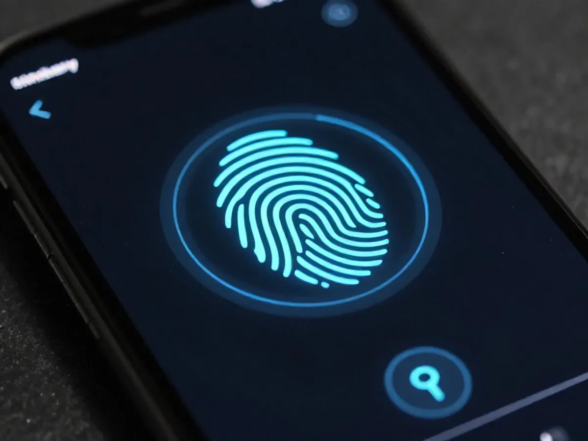 Ilustrasi autentikasi passkey dan fingerprint pada smartphone - passkey hijack malware - karya ilustrasi AI
