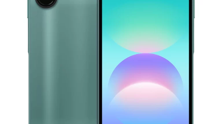 Tampak depan dan belakang Samsung Galaxy A08 warna green dengan modul dua kamera - sumber dari carisinyal.com