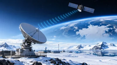 Ilustrasi kapal peneliti di kutub dengan koneksi internet satelit - internet satelit kutub Tiongkok - karya ilustrasi AI