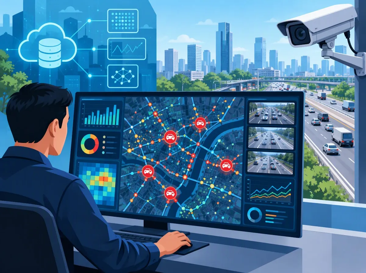 Ilustrasi analisis big data lalu lintas - penipuan senggolan rekayasa Shanghai - karya ilustrasi AI