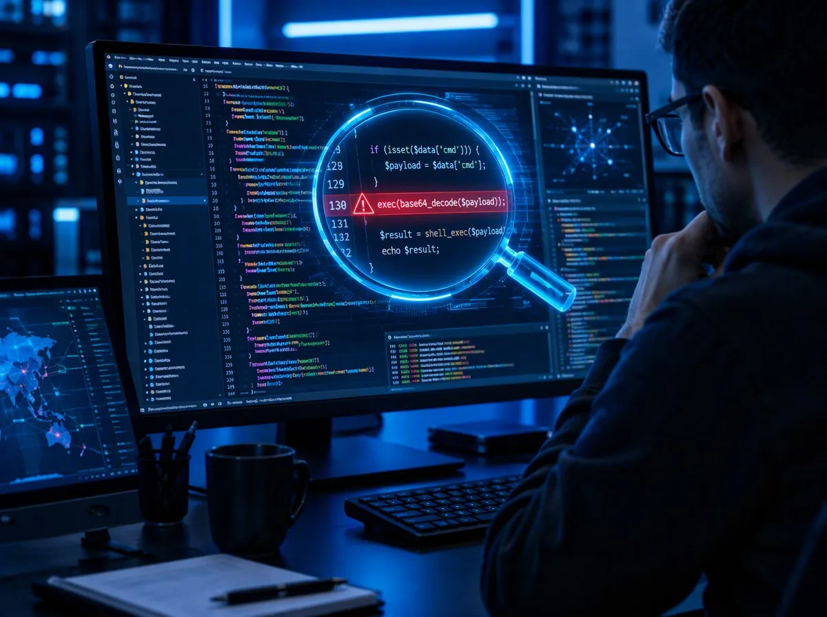 Ilustrasi analisis kode exploit CVE kerentanan inti PHP - celah kritis inti PHP - karya ilustrasi AI
