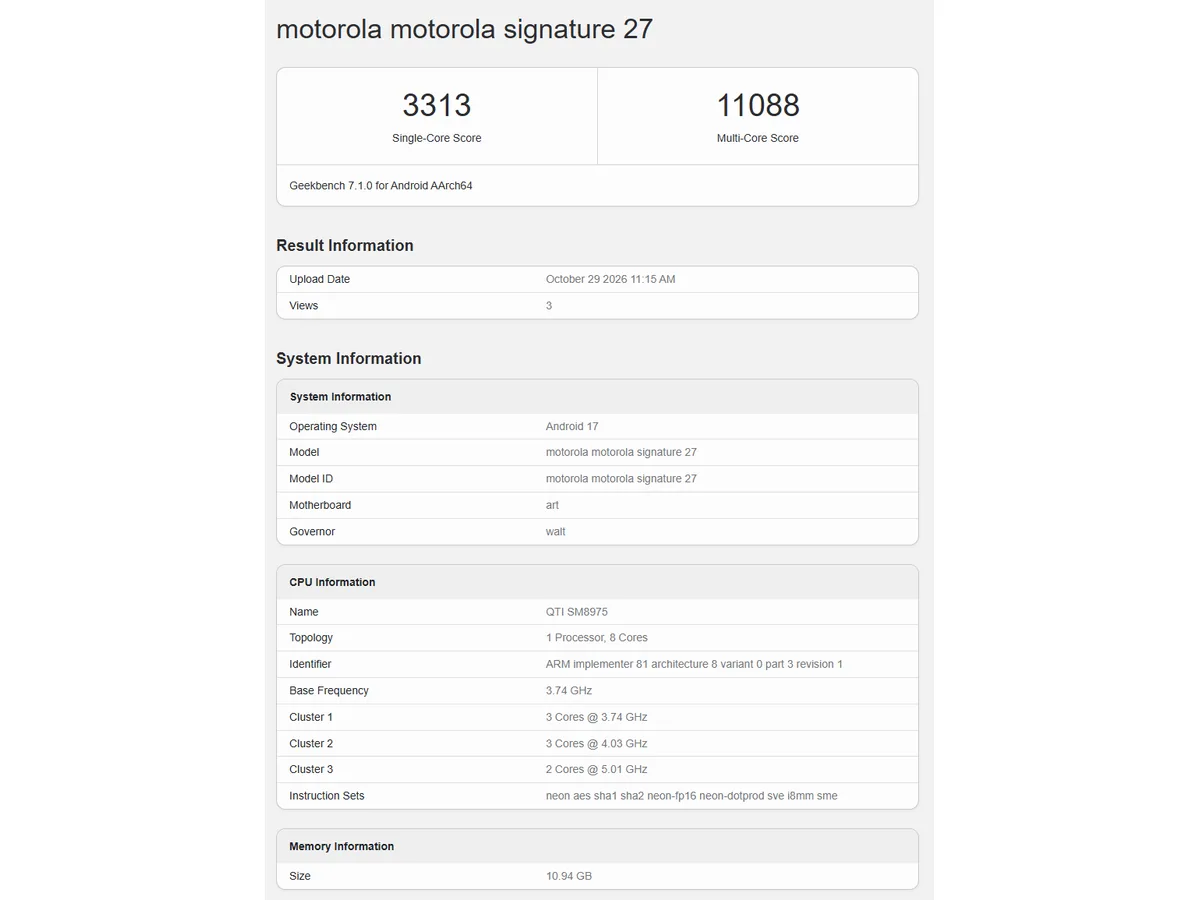 Skor Geekbench 7 Motorola Signature 27 - sumber dari gizmochina.com